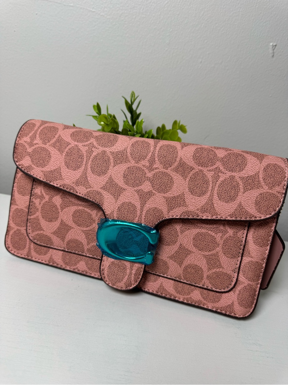 Coach Pink Signature Clutch with Turquoise Turnlock
